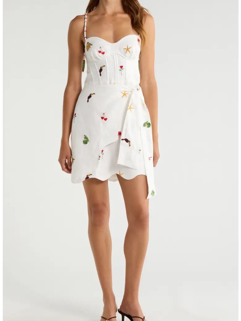 FARM Rio White Embroidered Bustier Wrap Mini Dress with Multicolor Motifs